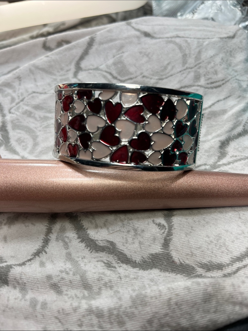 Silver Heart Enamel Cuff Bracelet in Red & Cream